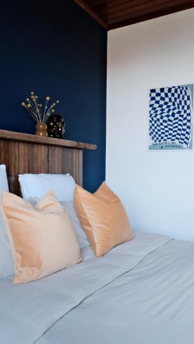 a bedroom with a bed with blue walls and pillows at Un air de campagne à Baudival in Le Cateau