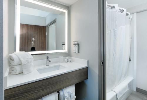 uma casa de banho com um lavatório e um espelho em Holiday Inn Express & Suites - Dallas Park Central Northeast, an IHG Hotel em Dallas