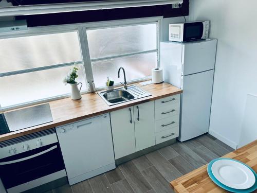 a small kitchen with a sink and a refrigerator at Vilamarlux VII in Vilassar de Mar