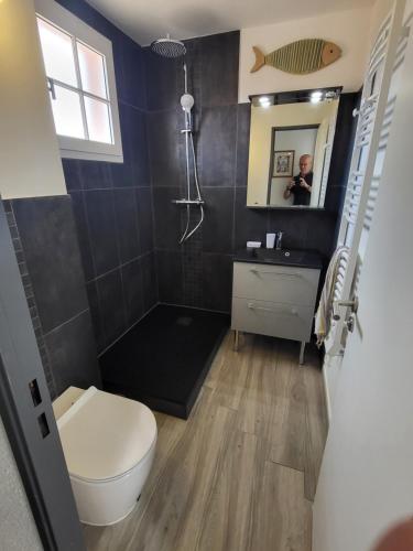 une salle de bain avec toilettes, lavabo et miroir dans l'établissement Cap Esterel Appartement haut de gamme, à Saint-Raphaël