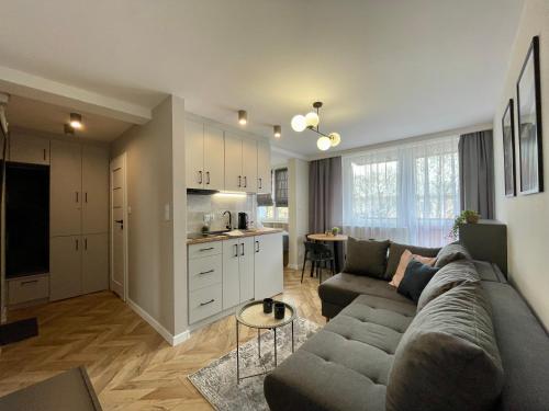 a living room with a couch and a kitchen at Przytulny Apartament niedaleko Radomskiego Centrum Sportu in Radom