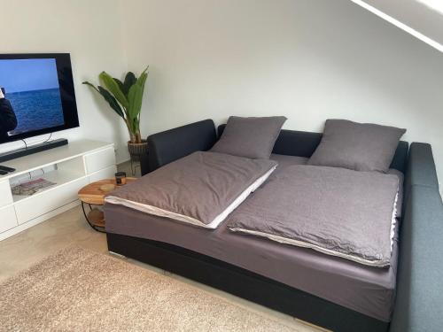 a couch in a living room with a flat screen tv at Ferienwohnung Westerwaldblick Haiger in Haiger
