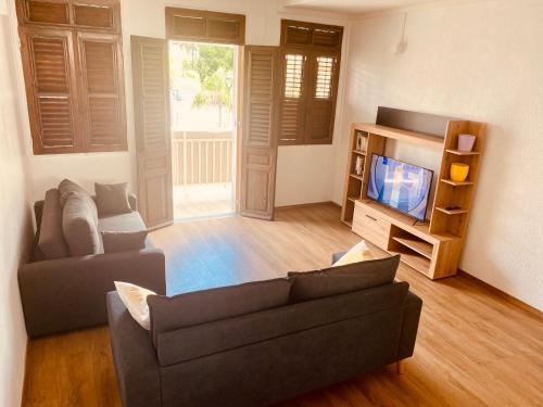 een woonkamer met een bank en een tv bij LOFT T2 en couleur en plein centre ville Fort-De-France Martinique in Fort-de-France