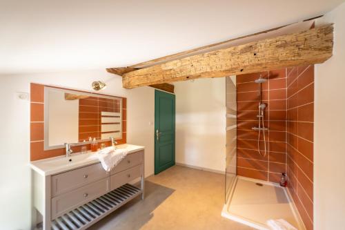 une salle de bain avec un lavabo et une douche dans l'établissement Le Clos Saint-Jean - Chambre d'hôte Simba, à Saint-Jean-de-Thurac