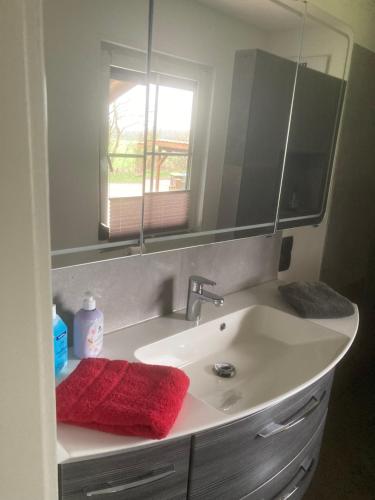 a bathroom with a sink with a mirror and red towels at Haus Sofell in Padenstedt