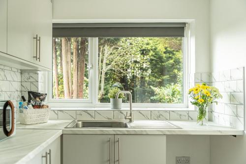 cocina con fregadero y ventana en Beautiful 3 bedroom House near West Bromwich -contractors, Family, NHS 