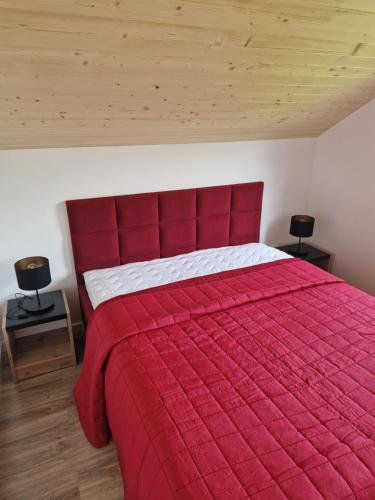 a red bed with a red comforter in a bedroom at Ptaszkova PrzyStań 2 in Ptaszkowa