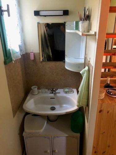 une petite salle de bain avec un lavabo et un miroir dans l'établissement CHALET avec PISCINE proche LAC et OCEAN, à Carcans
