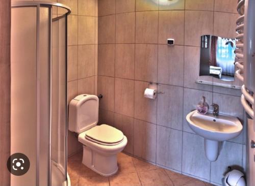 uma casa de banho com um WC e um lavatório em Holica em Krynica-Zdrój