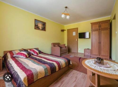 - une chambre avec un lit et un lavabo dans l'établissement Holica, à Krynica-Zdrój