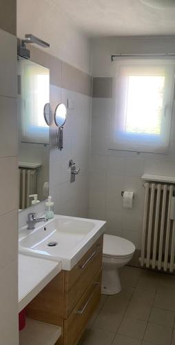 a bathroom with a sink and a toilet and a window at Appartamento a due passi dal centro in Pavia