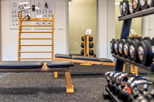 a gym with rows of dumbbells and a ladder at The Lodge Billund in Billund