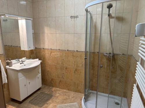 y baño con ducha y lavamanos. en 4 You Mini Apartman Egerszalók, en Egerszalók