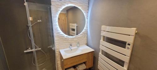 a bathroom with a sink and a mirror at Studio chaleureux avec parking et recharge VE privés in Vandoeuvre-lès-Nancy