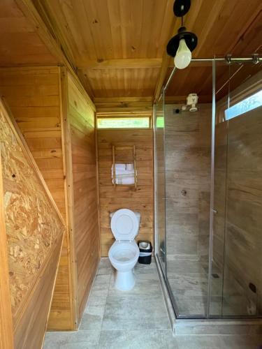 a bathroom with a toilet and a shower at MonteLuna Glamping in Choachí