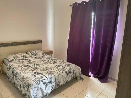 um quarto com uma cama e uma cortina roxa em Appartement T3 chic et cosy em Caiena
