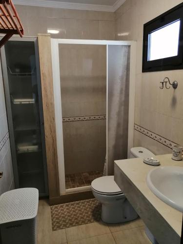 a bathroom with a shower and a toilet and a sink at Casa Tortuga in Costa Teguise