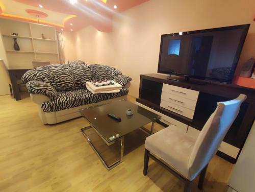 Il comprend un salon doté d'un canapé et d'une télévision à écran plat. dans l'établissement Gogo Apartments, à Ohrid