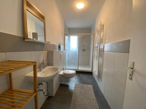 La salle de bains est pourvue d'un lavabo et de toilettes. dans l'établissement Monteurhaus Hemelingen, à Brême