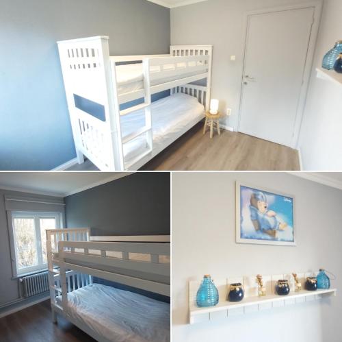 two pictures of a bedroom with two bunk beds at Vakantievilla Het Dunehuys in De Panne