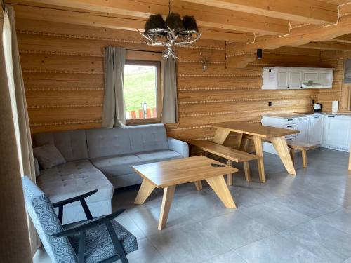 Złoty Groń log houses & apartments في ايستينبا: غرفة معيشة مع طاولتين وأريكة
