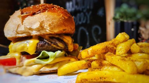 a cheeseburger and french fries on a plate at Loca Sapanca Bungalov in Sapanca