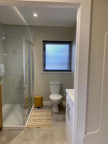 a bathroom with a shower and a toilet and a window at Birchwood View in Aboyne