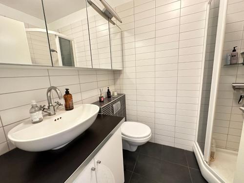 a white bathroom with a sink and a toilet at Cosy apartment centrally located in Reykjavik in Reykjavík