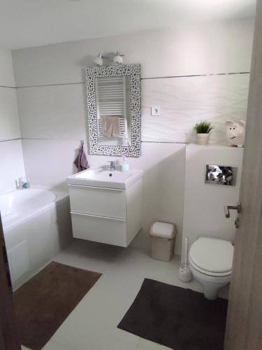 een badkamer met een wastafel, een toilet en een spiegel bij Garden Home in Törökbálint