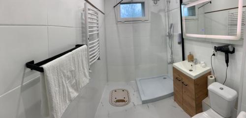 La salle de bains blanche est pourvue de toilettes et d'un lavabo. dans l'établissement Noclegi Little Sheep, à Chojna
