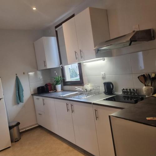 une cuisine avec des armoires blanches et un évier dans l'établissement Jolie F2-5mn de l'aéroport d'Orly parking privé gratuit, à Paray-Vieille-Poste