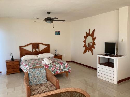 a bedroom with a bed and a tv and a chair at Los Balcones Over The Sea in Bocas Town