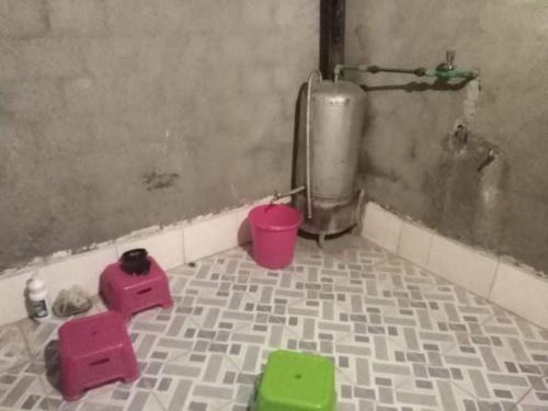 un bagno sporco con oggetti rosa e verdi sul pavimento di Auberge Ouabas a Agoudim