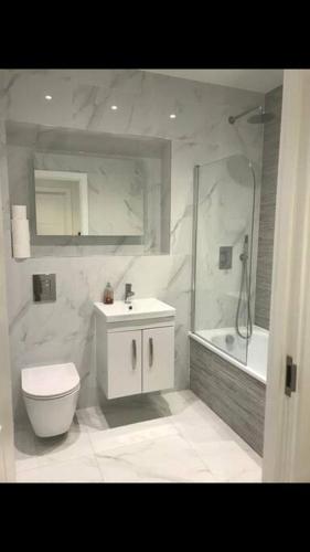 a bathroom with a toilet and a sink and a tub at Stylish Camberley Apartment in Camberley