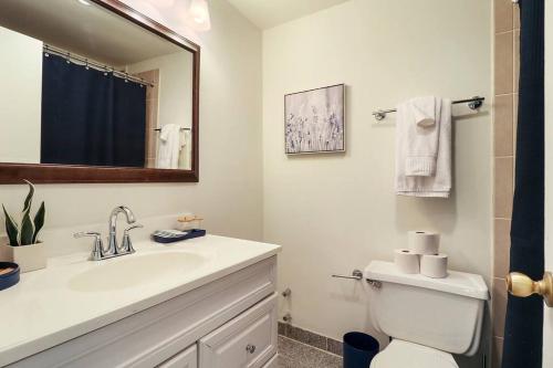 a bathroom with a sink and a toilet and a mirror at Charming 1BR Unit Great Location - Chestnut 19H in Chicago