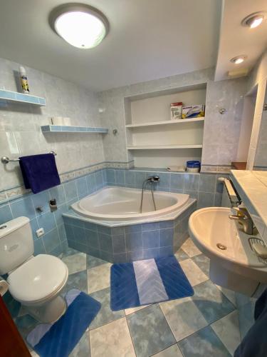 a bathroom with a tub and a toilet and a sink at Chata pod Gerlachom in Vyšné Hágy