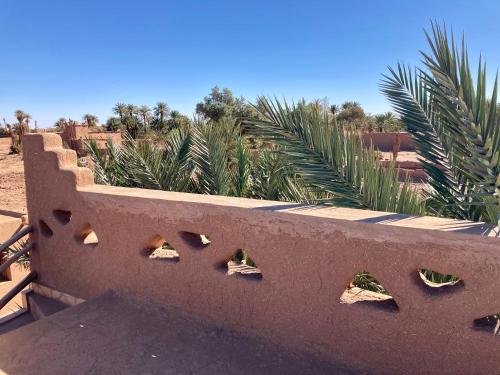 a stone wall with holes in it in front of plants at Riad Imuhar in Mhamid