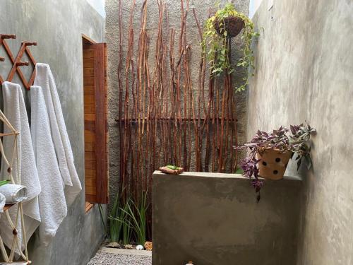 a bathroom with a fence and a pot of plants at Casa do Francês in Japaratinga