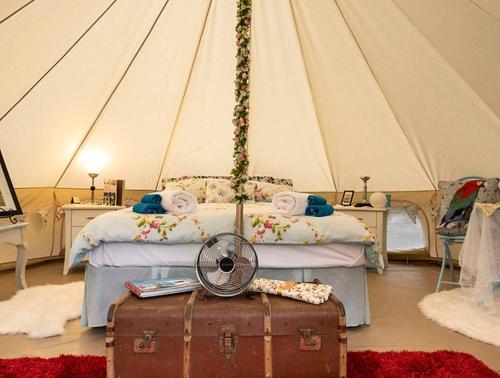 a bedroom with a bed with a fan and a suitcase at Kerikeri Glamping in Kerikeri