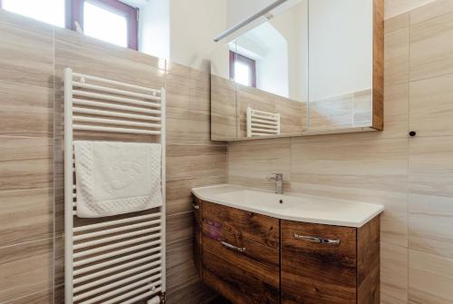 a bathroom with a sink and a mirror at Botanický dvor in Banská Štiavnica