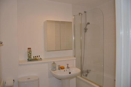 ミルトン・キーンズにあるStunning 2 bedroom aptのバスルーム(トイレ、洗面台、シャワー付)