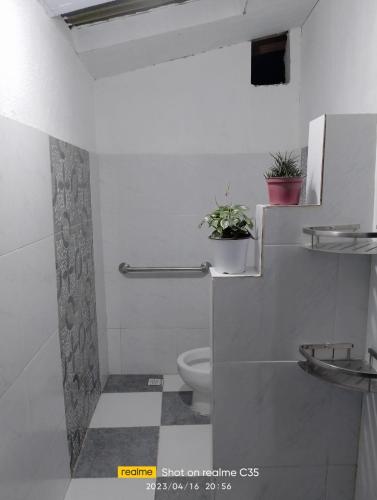 Un baño blanco con inodoro y lavabo. en Adelle's Transient, spacious 3-bedroom homestay, en La Trinidad