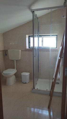 a bathroom with a toilet and a glass shower stall at Casa Serra à Vista AL/140571 in Pedreiras