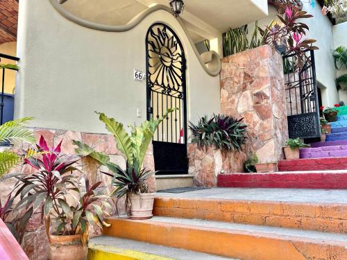a front door of a house with potted plants at Casita tranquila in Sayulita
