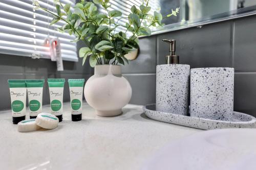 a counter with a vase and a sink and a vase at The OC Home: Centrally Located, Home Away Home in Nightcliff
