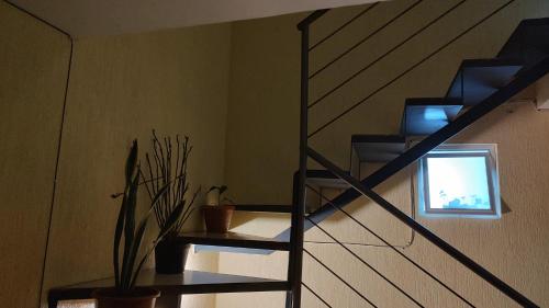 eine Wendeltreppe in einem Zimmer mit Fenster in der Unterkunft Casa roble20 in El Alcanfor