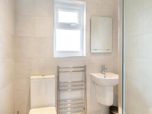 a bathroom with a sink and a toilet and a mirror at Uk43576 - Bramble Cottage in Begelly