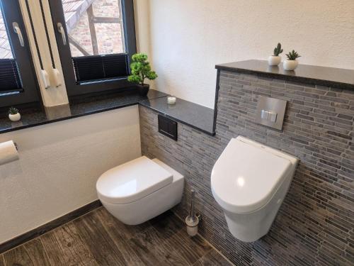 a bathroom with a toilet and a sink at Ferienwohnung am See Dillich - Schwimmteich - Eigener Garten - Ruhige Lage - Hunde willkommen in Borken