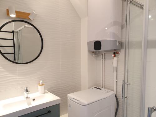 a bathroom with a toilet and a sink and a mirror at 2 pièces lumineux aux portes de Paris in Clamart
