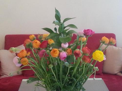 a vase filled with colorful flowers on a couch at Hotel Nuovo Nord in Genova